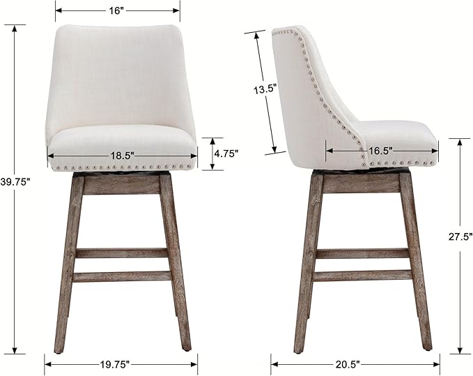 Counter Height Bar Stools Set of 2, Linen Fabric Mid Century Modern Swivel Barstool with Back & Wood Legs Comfy Upholstered Counter Chairs for Home Bar/Dining Room/Restaurant, Cream