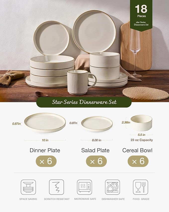 famiware Star Dinnerware Set, Plates and Bowls Sets for 6 (18pcs), Ribbed Stoneware Dishes - Chip & Scratch Resistant, Microwave & Dishwasher Safe Kitchenware, White