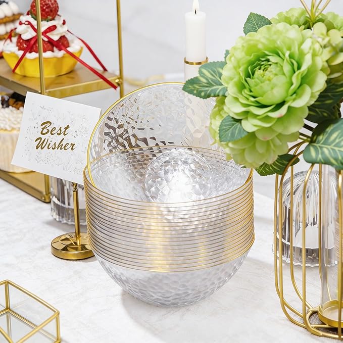 Tinybee 30 Pack Clear Plastic Bowls - Clear Disposable Bowls for Party with Gold Rim, 16-20oz Premium Hammered Bowls Disposable Heavy Duty, Plastic Salad Bowls for Milk Cereals, Snacks, Salads