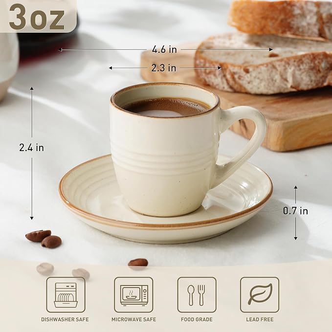 famiware 3oz Espresso Cups and Saucers, Vanilla White | Ceramic Small Coffee Mug - Image 4