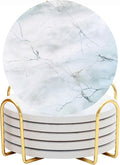 Ceramic Absorbent Coasters Set of 6 with Holder, Marble Drink Coasters for Coffee Table, Water Absorbing Coaster (Porcelain)