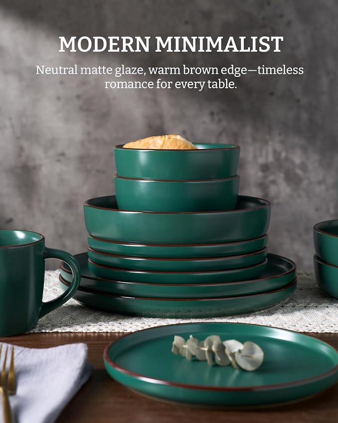 Famiware Mercury 16-Piece Stoneware Plates and Bowls, Dark Green | Dinnerware - Image 5