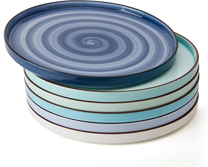 Sweese 10.5 Inch Porcelain Dinner Plates Set of 6, Gradient High Edge Dish Set - Dishwasher, Microwave, Oven Safe, Scratch Resistant, Kitchen Serving Dishes - Cool Assorted Colors