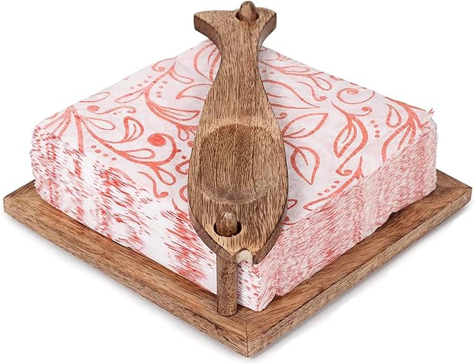 eTroves Wooden Napkin Holder Flat Tray Weighted Fish Shape Bar on Top With Toothpick Holder, 8 Inch, Brown