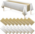 16Pack Disposable Plastic Tablecloths and Satin Table Runner Set White and Gold by MASHAN