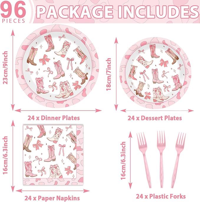 96Pcs Coquette Bow Cowgirl Happy Birthday Party Supplies Western Cowgirl Plates - Image 2