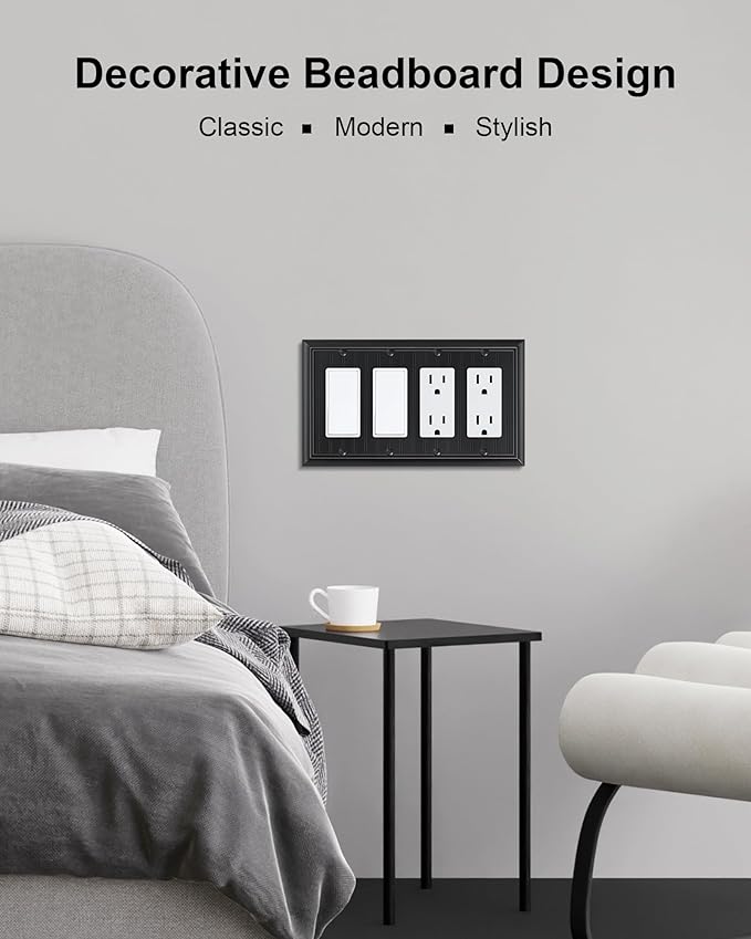 2-Pack Classic Beadboard Quad Decorator Wall Switch Cover, Black Decorative Switch Plates and Outlet Covers, Natural Bamboo Fiber 4 Gang Wall Plate for Electrical Outlets, Receptacle, GFCI Outlet