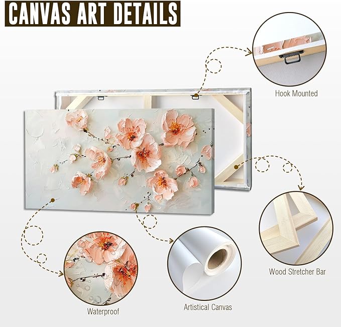ADJUVANT Wall Art Impressionist Pink Floral 48"L x 24"W, Cherry Blossoms Canvas Painting Soft Petals Artwork Pastel Tones Prints Spring Flowers Wall Decor for Living Room Bedroom Bathroom Home Office