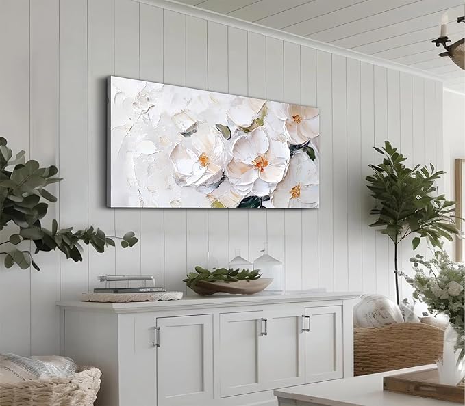 ADJUVANT Wall Art Impressionist Minimalist White Floral 48"L x 24"W, White Flowers With Subtle Tones Canvas Painting Delicate Petals Artwork Floral Wall Decor for Living Room Bedroom Bathroom Home Office