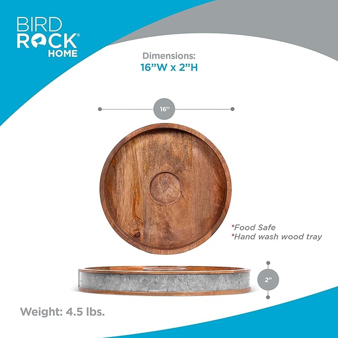 BIRDROCK HOME Wooden & Iron Chip Dip Serving Tray w/Glass Dip Bowl | Extra Large Decorative Kitchen Platter | Salsa, Guacamole, Veggies, Cheese | Decor for Coffee Table, Dining & Living Room - Round