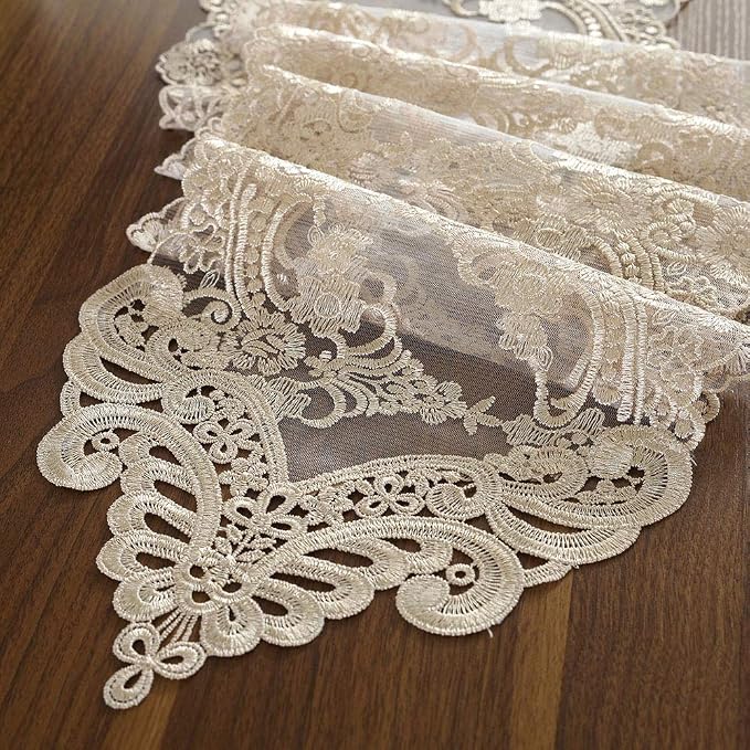 ARTABLE Champagne Small Lace Table Runner Macrame Dresser Scarf 10x36 Inch | - Image 3