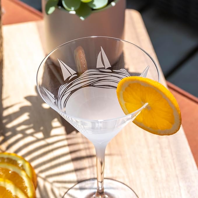 Rolf Glass Regatta 10oz Martini Cocktail Glass | Set of 4 Lead-Free Glasses | Proudly Made in the USA | Engraved Nautical Sailboat Martini Glasses