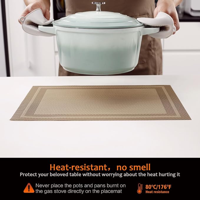 Khaki Vinyl Placemats Set of 12, Heat Resistant Table Placemats | 18x12 inch - Image 4