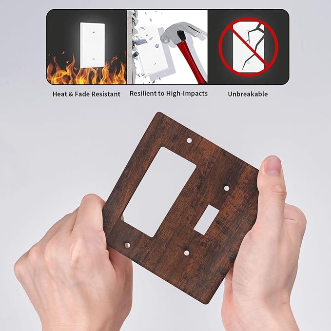 Light Switch Cover Brown Red Rustic Wood Grain Retro Farmhouse 2 Gang Toggle Rocker Combo Socket Cover Wall Plates Decorative Switch Plates and Outlet Covers for Farmhouse Cabin Decor