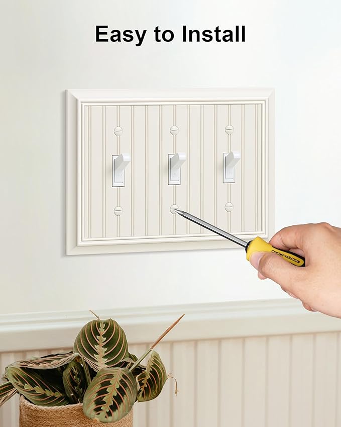2-Pack Classic Beadboard Triple Toggle Light Switch Cover Plate, Durable Natural Bamboo Fiber Decorative Switch Plate Covers, Light Almond 3 Gang Wall Plate