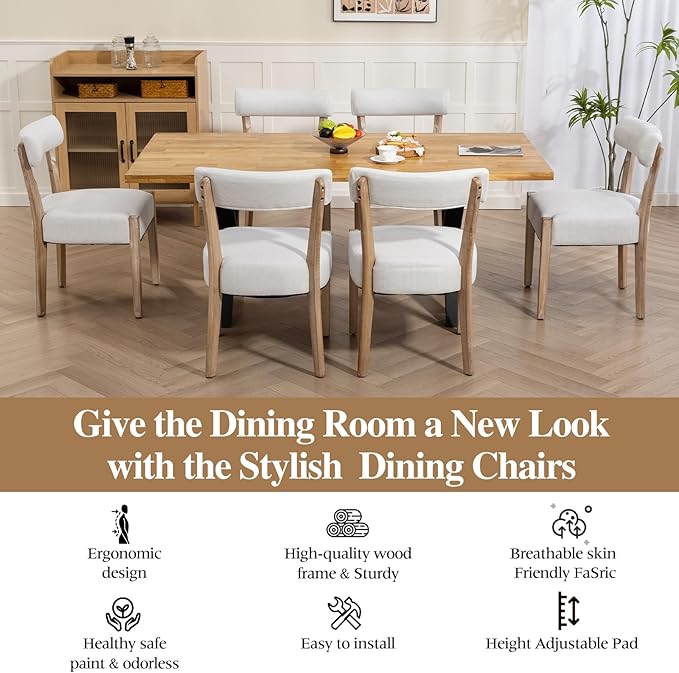 Dining Chairs,2 Pack Mid-Century Modern Wooden Kitchen Chairs with Linen Upholstery - Low-Back Woven Design for Kitchen & Dining Room,Beige Fabric