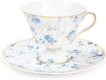 fanquare White Tea Cup and Saucer, Vintage Blue Floral Print Tea Cups by fanquare