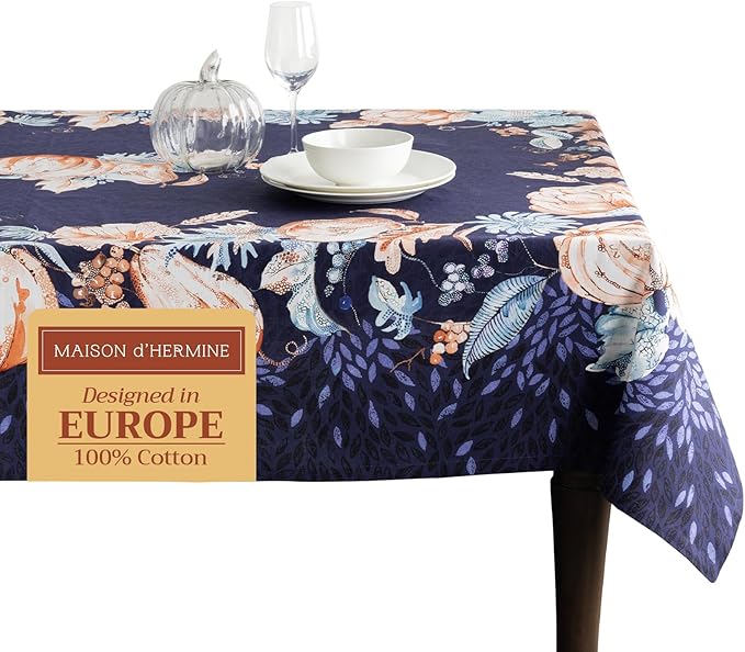 Maison d' Hermine Table Cloth Rectangle Table 100% Cotton 60 x 108 Inches Fall Tablecloth Reusable Everyday Use for Thanksgiving Christmas Decorations Dining Farmhouse Party (Pumpkin Blues)