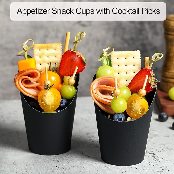 Disposable Charcuterie Cups 120 PCS with 200PCS Sticks and 120PCS Bags, 14 oz Kraft Paper Snack Boxes Appetizers Cup French Fry Holder with Cocktail Skewers Toothpicks Tooth Picks, Black
