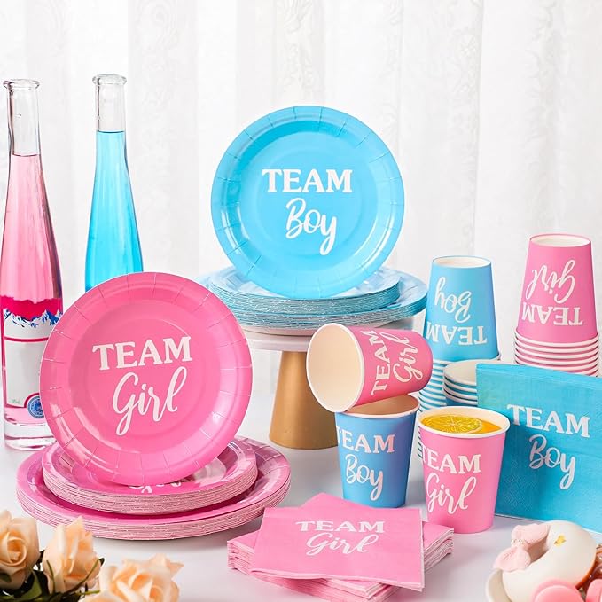200 Pieces Party Supplies Tableware Set Patterns Printed Plates Napkins Cups Table Decorations for Baby Shower Birthday Party (Gender Reveal Style)
