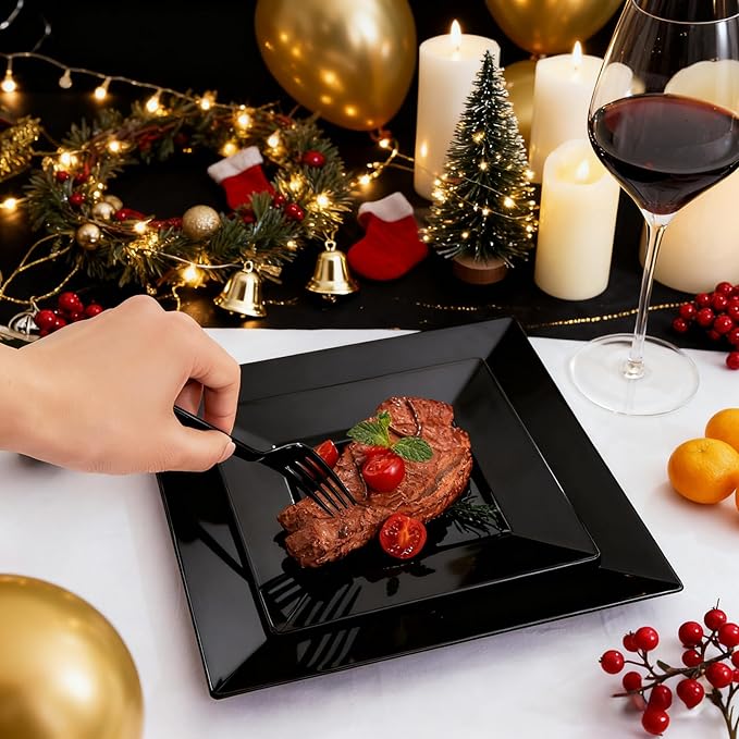 Liacere 60PCS Black Plastic Plates - Premium Square Disposable Plates - Include 30PCS 9.5inch Dinner Plates - 30PCS 7inch Dessert Plates for Party & New Year & Father's Day
