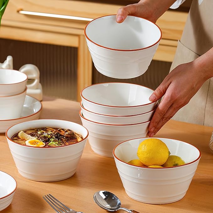 Ceramic Bowls Set of 6, 27oz Deep Soup Bowls for Kitchen Large 6 Inch Bowl for Oatmeal, Cereal,Pasta, Fruit, Salad, Ramen, and Rice Dishwasher & Microwave Safe
