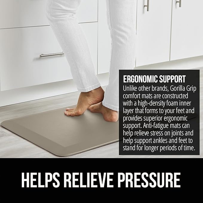 GORILLA GRIP Comfortable Cushioned Kitchen Mats for Floor, 48x20, Waterproof and Stain Resistant Soft Top, 3/4 Inch Thick Ergonomic Standing Desk Anti Fatigue Mat, Foam Supports Ankles and Feet, Taupe