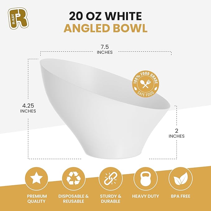 R-kay 6 Pack Angled White Candy Bowls - Plastic bowls 20 Oz - Premium Plastic Serving Bowls Disposable Heavy Duty For Weddings Catering, parties, And All Occasions (White, Medium)