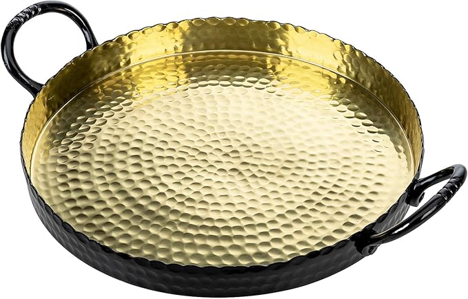 MyGift 12-Inch Black and Gold Metal Round Display Tray – Handcrafted Hammered Design Serving Platter or Tabletop Centerpiece, Handmade in India