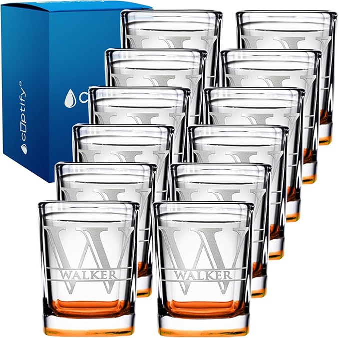 Personalized Square Shot Glasses Set of 12 Orange Bottom 2oz Engraved Initial and Name Custom Gifts, Weddings, Birthdays, Party, Event, Decorations