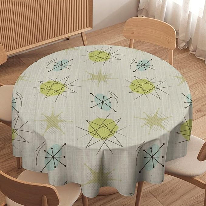 Mid Century Retro Round Tablecloth, Modern 1950s Style Abstract Geometric Vintage Print Tablecloth for Home Party Dining Room Kitchen Decor 70Inch(178cm)