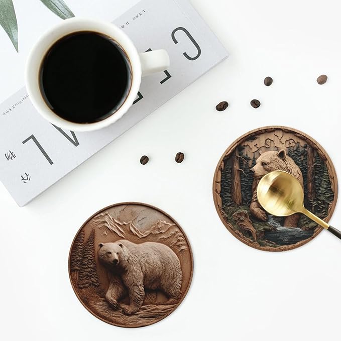 Bear Coasters for Drinks with Holder Round Leather Coasters Set of 6 Cups Mugs Mat Pad for Home Kitchen Bar