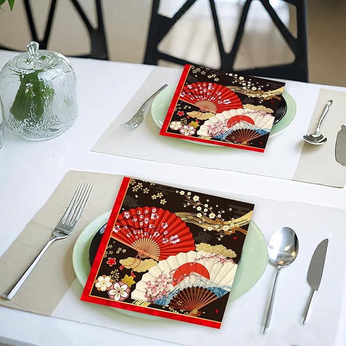 Japanese Hibachi Party Decorations, 50 Sheets Hibachi Party Napkins Supplies Disposable, Asian Japanese Style Paper Fans Paper Supplies Decor for Birthday Size 6.5 Inch