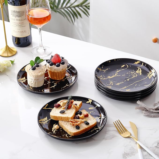 6-Piece Dinner Plate Set, 10-Inch Black Marble Ceramic Plates with Gold Rim, Oven & Microwave Safe, Elegant Appetizer Salad Dessert Plates for Modern Dining, Dishwasher Safe.