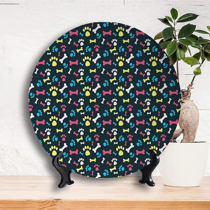 Decorative Plates, Dog Lover Print Ornament, Cool Canine Elements Paw Marks and Bones, 10 Inch, 1 Plate with 1 Display Stand, Multicolor
