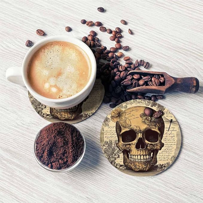 Vintage Head Skull Cup Coasters for Table Retro Floral Background Death Smile Antique Reusable Drink Coasters Set 2 Pcs Coffee Home Farmhouse Living Room Bar Decor