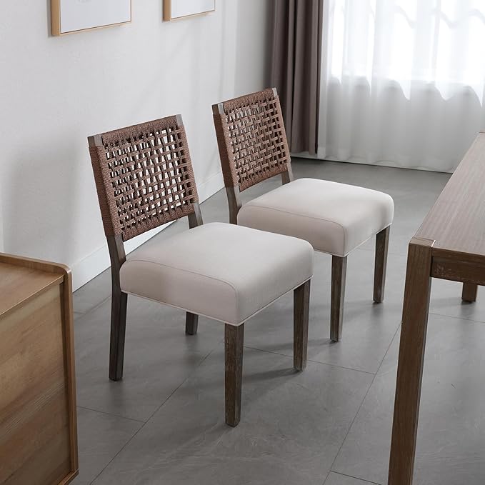 Farmhouse Dining Chairs Set of 6 Linen Fabric Upholstered Accent Side Chair, Mid Century Modern Kitchen & Dining Room Chairs with Woven Rope Back for Home, Living Room, Bedroom - Beige