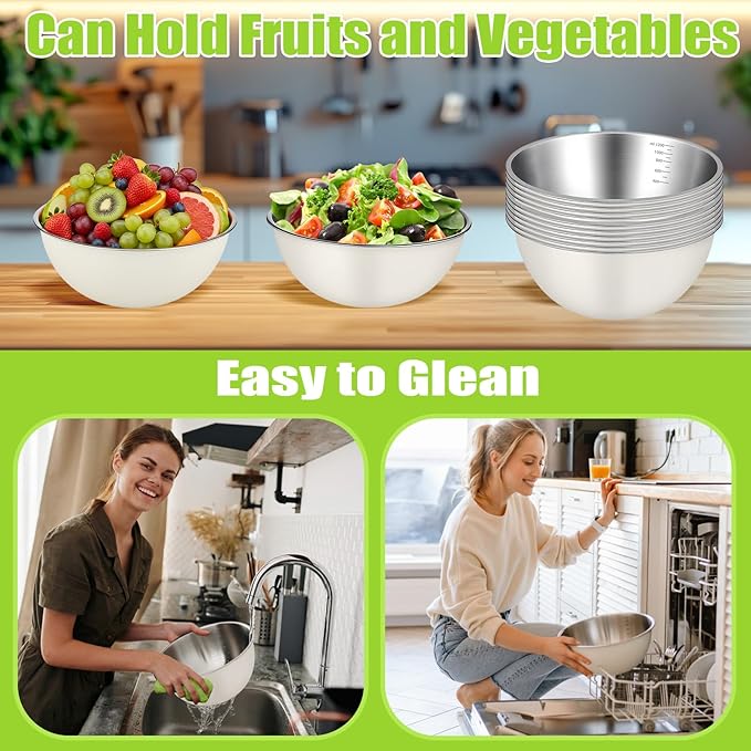 12 Pcs 1.3qt Stainless Steel Mixing Bowls Nesting Metal Prep Salad Bowls with Scale Reusable Baking Cooking Food Soup Storage Organizers for Kitchen Refrigerator