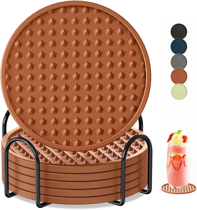 Coasters for Drinks 6 Pack Drinking Plastic Coaster with Holder,Heat Resistant Silicone Cup Mat Tabletop Protection,Non-Slip Rubber Coasters for Kinds of Cups (Brown)