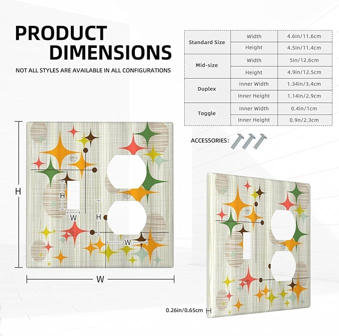 Light Switch Cover Plate Mid Century Modern Retro Stars 2 Gang Decorative Switch Plates 1 Toggle Duplex Combo Outlet Covers GFCI Wall Plates for Bathroom Bedroom Decor