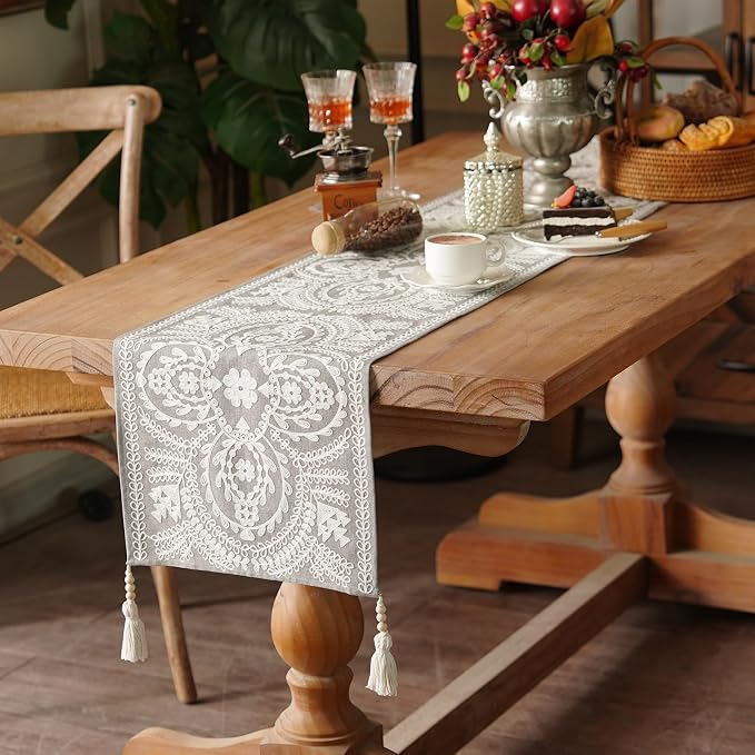 Coffee Table Runner Embroidered Boho Dresser Scarf, 4 Tassel Pendants, Layered - Image 3