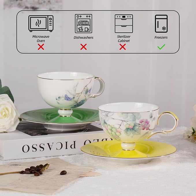 KAMMAK Tea Cups Set of 2, Ceramic Floral Pattern Demitasse Cup | Porcelain - Image 6