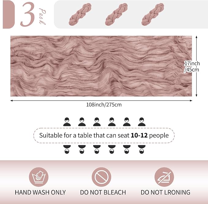 3 Pack Dusty Pink Cheesecloth Table Runner 17x108 Inch Semi Sheer Boho Gauze - Image 2