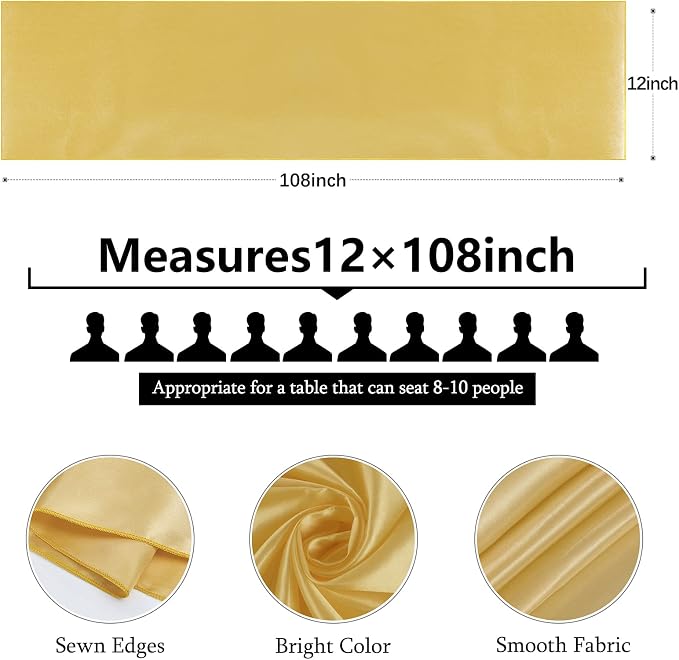 Light Gold Satin Table Runners 10 Pack 12x108 inch Silk Smooth Fabric | Bright - Image 2