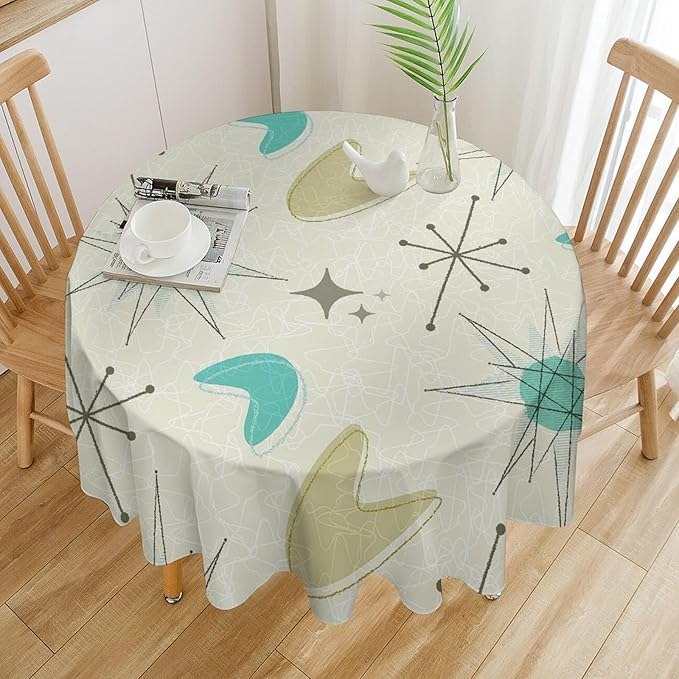 Mid Century Round Tablecloth, Modern Atomic Abstract Geometric Pattern Tablecloth for Home Party Dining Room Kitchen Decorm 60Inch(152cm)