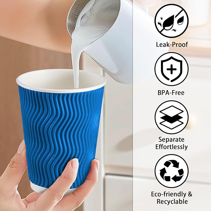 Lamosi 12 oz Insulated Coffee Cups Disposable - 50 Count Blue Paper Coffee Cups No Lids 12oz, Corrugated Ripple Wall Design for Hot Cold Drinks