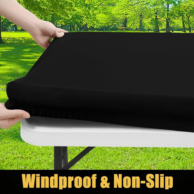 Smiry Rectangle Picnic Table Cloth, Waterproof Elastic Fitted Tablecloths for 8 Foot Tables, Washable Polyester Table Cover for Camping, Indoor and Outdoor (Black, 30"x96")