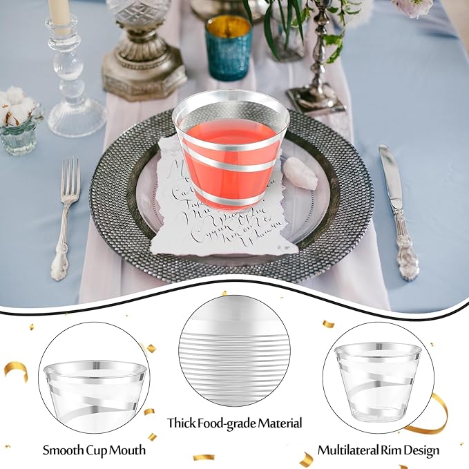 Gejoy 9 oz Rimmed Swirl Plastic Cups Disposable Wine Drinking Cups Clear Elegant Halloween Tumblers for Christmas Party Supplies(Silver,100 Pcs)