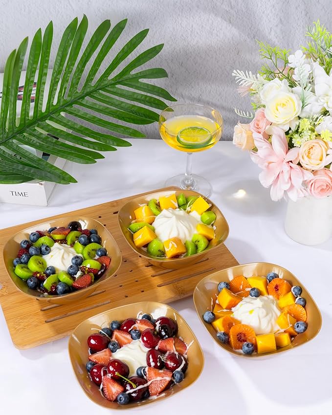 bUCLA 50Pack Gold Plastic Serving Bowls - 16oz Disposable Serving Bowls for Party Dessert/Ice Cream/Salsa/Snack