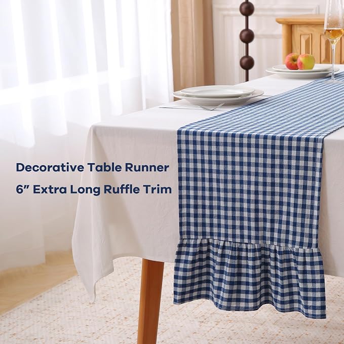 Navy Blue White Plaid Gingham Ruffle Table Runner 108 inches Long 100% Washed - Image 3